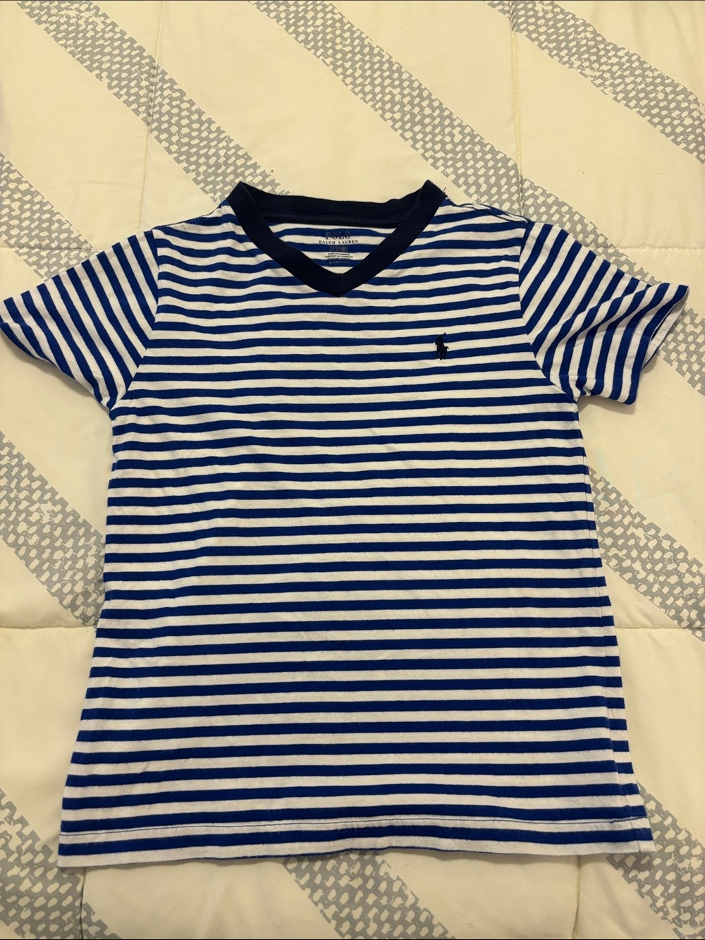 Polo by Ralph Lauren Blue and White Striped V-Neck Tee